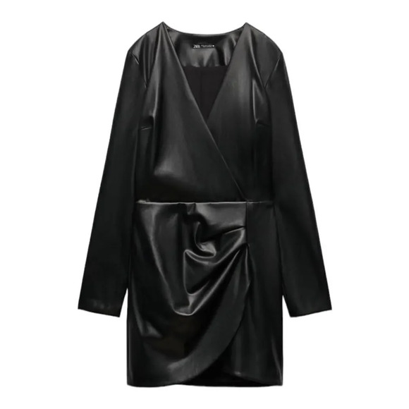 ZARA | Black | FAUX LEATHER DRAPED DRESS - Picture 2 of 10